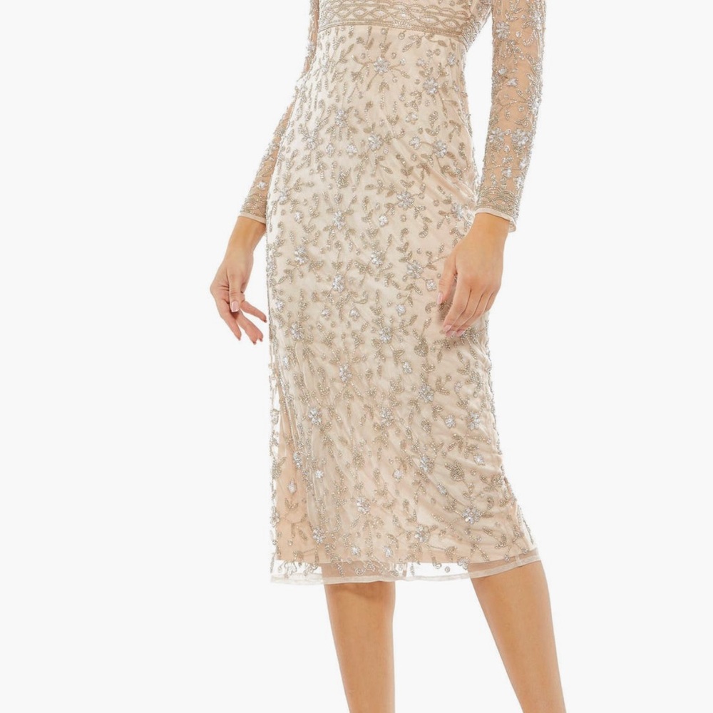 Mac Duggal Beaded Tea Length Sheer Sleeved Dress